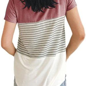 YunJey Round Neck Triple Color Block Stripe T-Shir